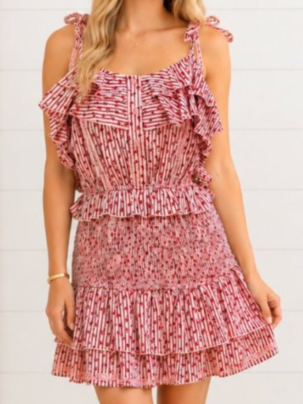 The Shirt by Rochelle Behrens Pink and White Ruffle Mini Dress